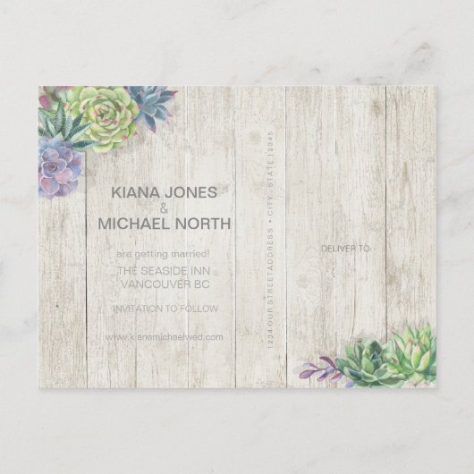 Succulents and Rustic Wood Save the Date ID515 Aankondigingskaart (Achterkant)