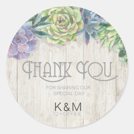 Succulents and Rustic Wood Wedding Dankuwel ID515 Ronde Sticker (Voorkant)