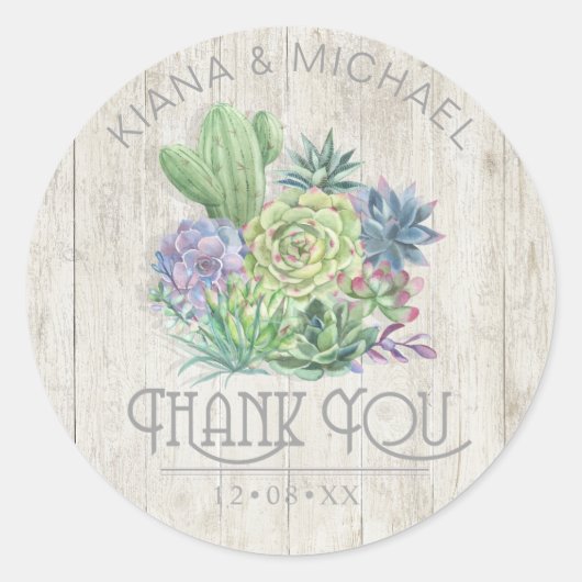 Succulents and Rustic Wood Wedding ID515 Ronde Sticker (Voorkant)