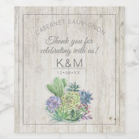Succulents and Rustic Wood Wedding ID515 Wijn Etiket (Enkel label)