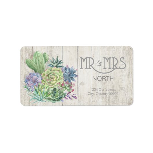 Succulents and Rustic Wood Wedding Mr & Mrs ID515 Etiket (Voorkant)