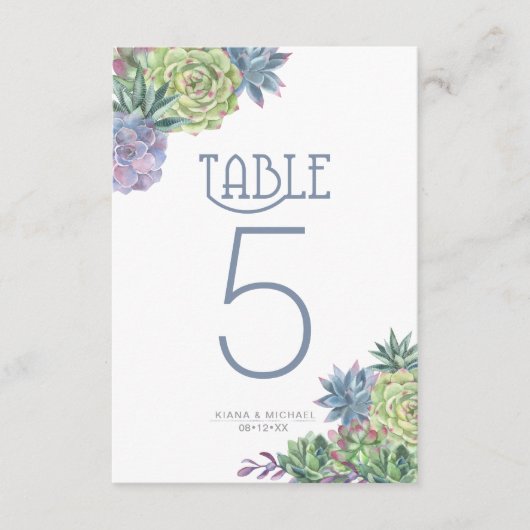 Succulents and Sparkle Table Numbers Blue ID515 Kaart (Voorkant)