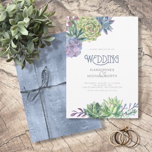 Succulents and Sparkle Wedding Blue ID515 Kaart