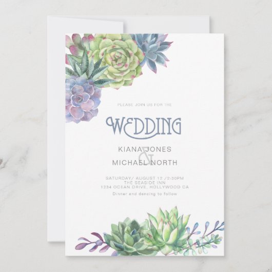 Succulents and Sparkle Wedding Blue ID515 Kaart (Voorkant)