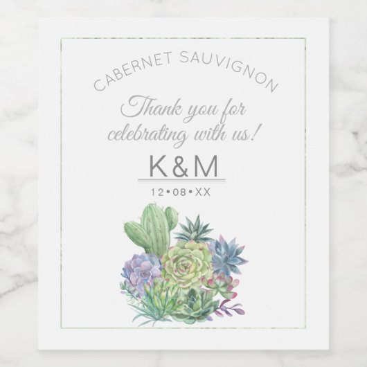 Succulents and Sparkle Wedding ID515 Wijn Etiket (Enkel label)