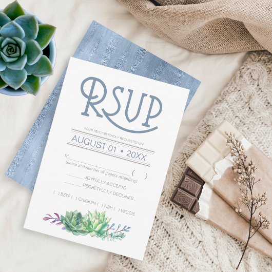 Succulents and Sparkle Wedding RSVP Blue ID515 Kaartje