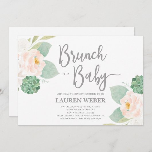 Succulents baby shower brunch meisje Uitnodiging (Voorkant / Achterkant)