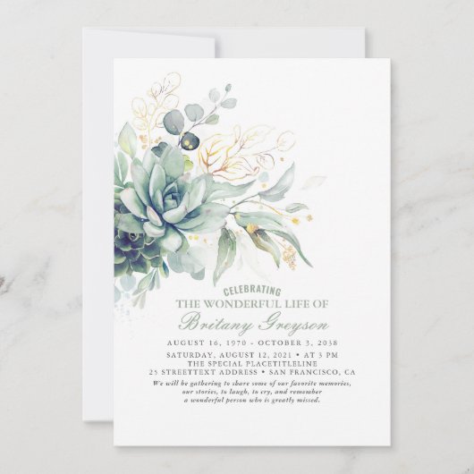 Succulents Celebration of Life Memorial Funeral Kaart (Voorkant)