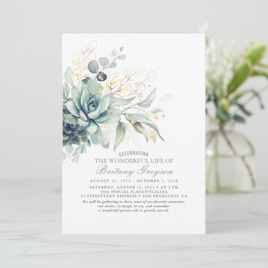 Succulents Celebration of Life Memorial Funeral Kaart (Staand voorkant)