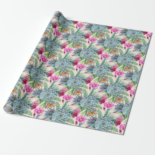 Succulents Echeveria Cactus Flowers Pattern Cadeaupapier (Uitgerold)