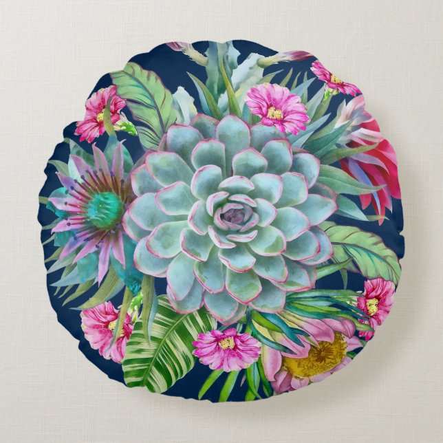 Succulents Echeveria Cactus Flowers Pattern Rond Kussen (Voorkant)