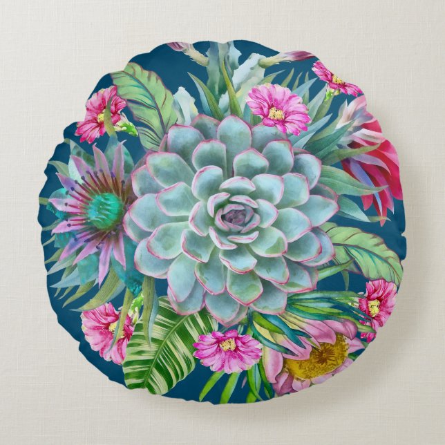 Succulents Echeveria Cactus Flowers Pattern Rond Kussen (Voorkant)