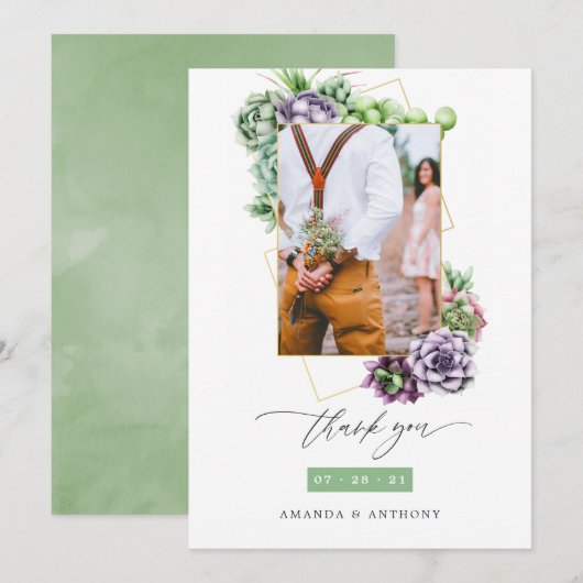 Succulents Geometric Wedding Photo Bedankkaart (Voorkant / Achterkant)