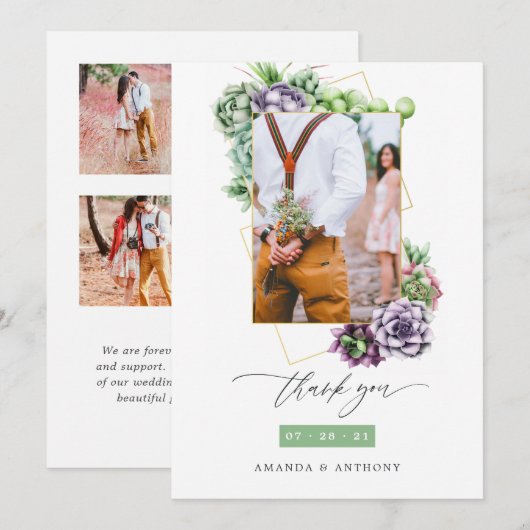 Succulents Geometric Wedding Photo Collage Bedankkaart (Voorkant / Achterkant)