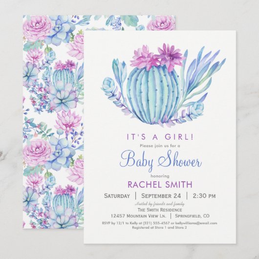 Succulents Girl Baby shower Invitation Kaart (Voorkant / Achterkant)