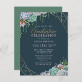 Succulents & Gold Glitter Script Graduation Party Uitnodiging Briefkaart (Voorkant / Achterkant)