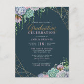 Succulents & Gold Glitter Script Graduation Party Uitnodiging Briefkaart (Voorkant)