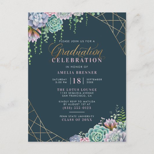 Succulents & Gold Glitter Script Graduation Party Uitnodiging Briefkaart (Voorkant)