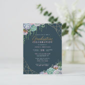 Succulents & Gold Glitter Script Graduation Party Uitnodiging Briefkaart (Staand voorkant)