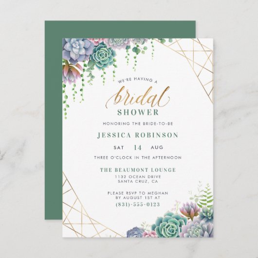 Succulents Gold Lijst & Chic Script Vrijgezellenfe Uitnodiging Briefkaart (Voorkant / Achterkant)