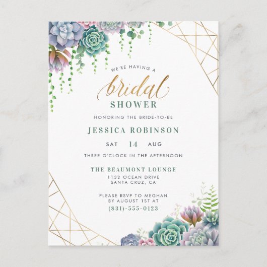 Succulents Gold Lijst & Chic Script Vrijgezellenfe Uitnodiging Briefkaart (Voorkant)