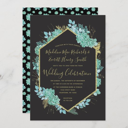 Succulents Gold Lijst elke kleur bruiloft uitnodig Kaart (Voorkant / Achterkant)