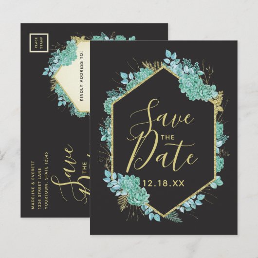 Succulents Gold Lijst Elke kleur Save the Date Aankondigingskaart (Voorkant / Achterkant)