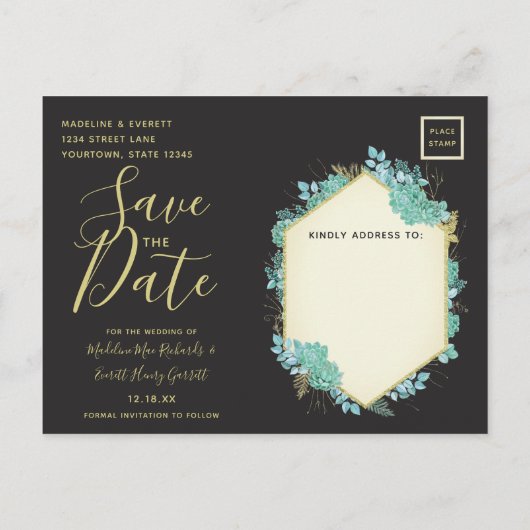 Succulents Gold Lijst Elke kleur Save the Date Aankondigingskaart (Achterkant)