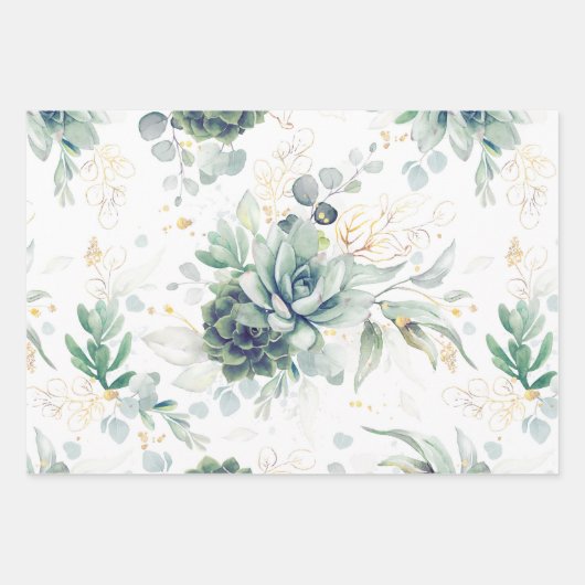 Succulents Greenery and Gold Eucalyptus Leaves Inpakpapier Vel (Voorkant)