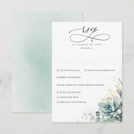 Succulents Greenery and Gold Wedding RSVP Kaartje (Voorkant / Achterkant)