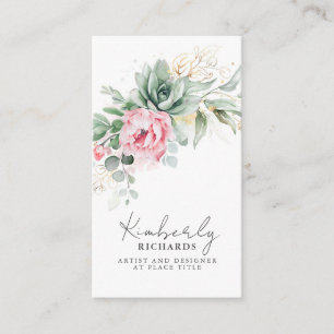 Succulents Greenery and Pink Flowers Elegant Visitekaartje