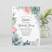 Succulents Greenery and Pink Rose Girl Baptisme Kaart (Staand voorkant)