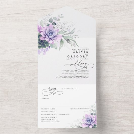 Succulents Greenery and Silver Leaves Wedding All In One Uitnodiging (Binnen)