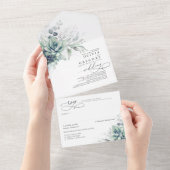 Succulents Greenery and Silver Leaves Wedding All In One Uitnodiging (Afscheurbaar)