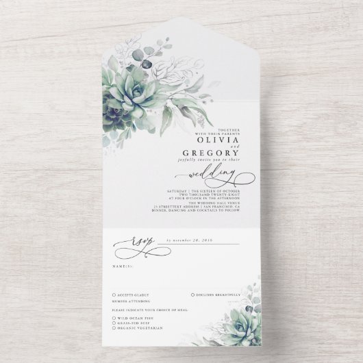 Succulents Greenery and Silver Leaves Wedding All In One Uitnodiging (Binnen)