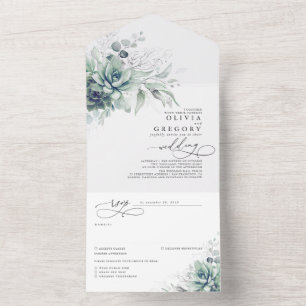 Succulents Greenery and Silver Leaves Wedding All In One Uitnodiging
