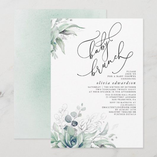 Succulents Greenery Brunch Baby shower Invitation Kaart (Voorkant / Achterkant)