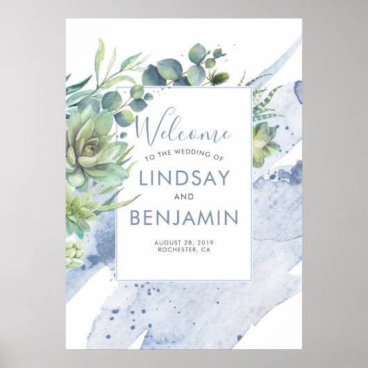 Succulents Greenery Dusty Blue Wedding Poster (Voorkant)