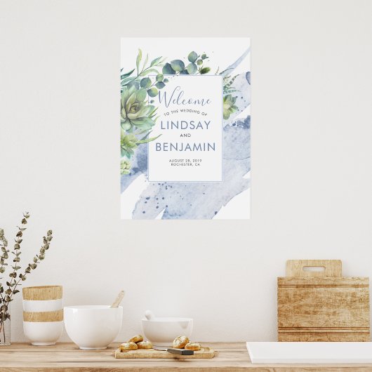 Succulents Greenery Dusty Blue Wedding Poster (Keuken)
