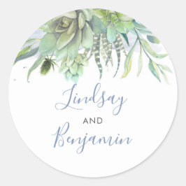 Succulents Greenery Dusty Blue Wedding Ronde Sticker
