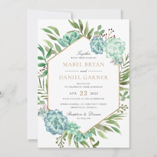Succulents Greenery Geometric Gold Lijst Wedding Kaart (Voorkant)