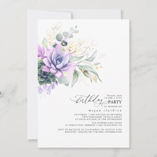 Succulents Greenery Gold Leaves Boho Birthday Invi Kaart (Voorkant)