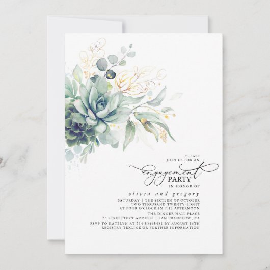 Succulents Greenery Gold Leaves Engagement Party Kaart (Voorkant)