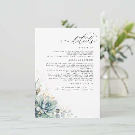 Succulents Greenery Gold Leaves Wedding Details Informatiekaartje (Staand voorkant)