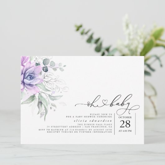 Succulents Greenery Oh Baby Uitnodiging (Staand voorkant)