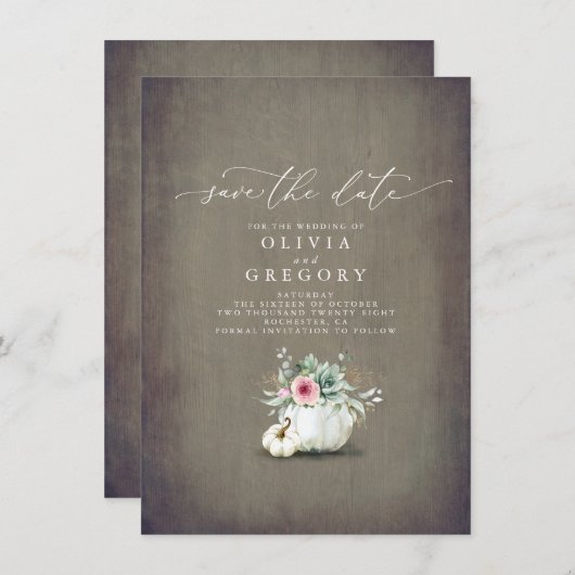 Succulents Greenery Pumpkins Herfst Save the Date Aankondiging (Voorkant / Achterkant)