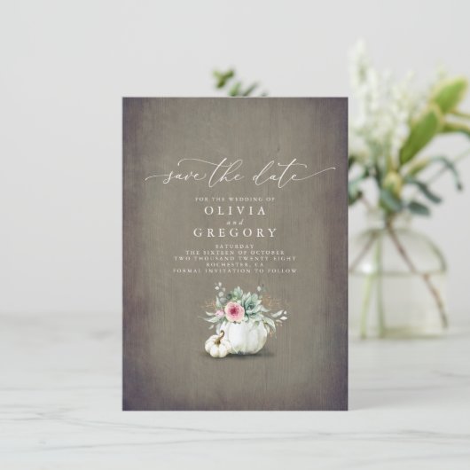 Succulents Greenery Pumpkins Herfst Save the Date Aankondiging (Staand voorkant)
