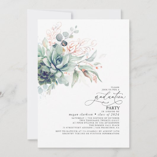 Succulents Greenery Roos Gold Leaves Afstuderen Kaart (Voorkant)