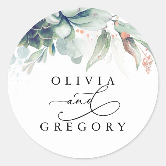 Succulents Greenery Wedding Classic Round Sticker (Voorkant)