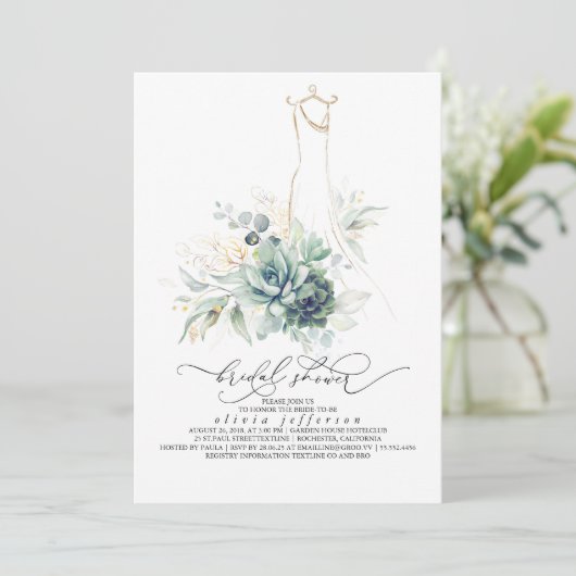 Succulents Greenery Wedding Dress Vrijgezellenfees Kaart (Staand voorkant)